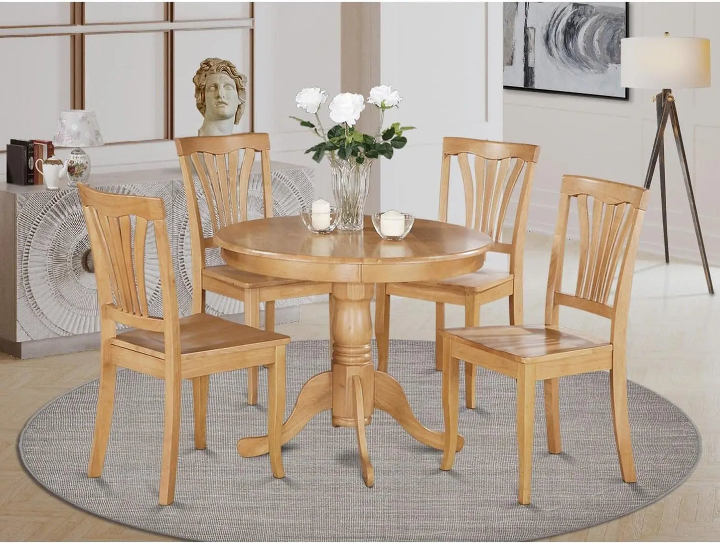 ANAV5-OAK-W 5 Piece Room Set Includes a Round Kitchen Table with Pedestal and 4 Dining Chairs, 36x36 Inch