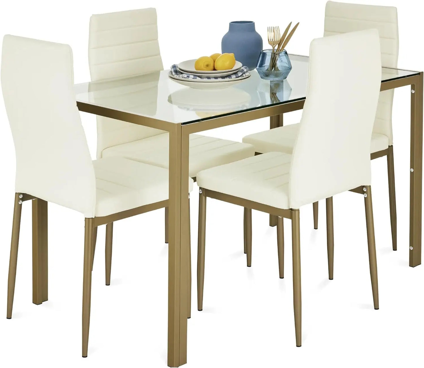 5-Piece  Dining Set, Modern Kitchen Table Furniture for Dining Room,  Compact Space-Saving w/Glass Tabletop,Upholstered Chairs