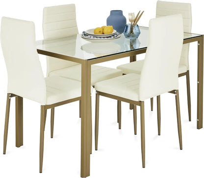 5-Piece  Dining Set, Modern Kitchen Table Furniture for Dining Room,  Compact Space-Saving w/Glass Tabletop,Upholstered Chairs