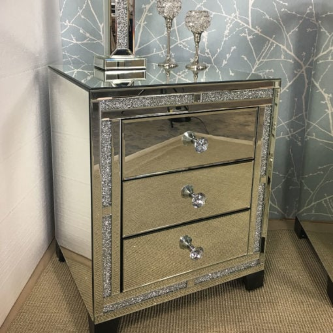 Diamond Glitz 3 Drawer Silver Mirrored Glass Bedside Table Cabinet