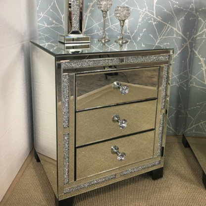 Diamond Glitz 3 Drawer Silver Mirrored Glass Bedside Table Cabinet