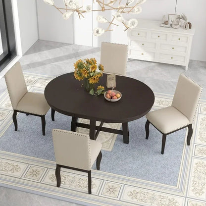 5 Piece Round Farmhouse Wood Dining Table Set with 4 Upholstered Chairs,Extendable Restaurant Furniture