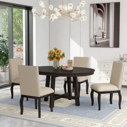 5 Piece Round Farmhouse Wood Dining Table Set with 4 Upholstered Chairs,Extendable Restaurant Furniture
