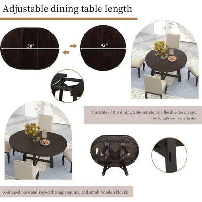 5 Piece Round Farmhouse Wood Dining Table Set with 4 Upholstered Chairs,Extendable Restaurant Furniture