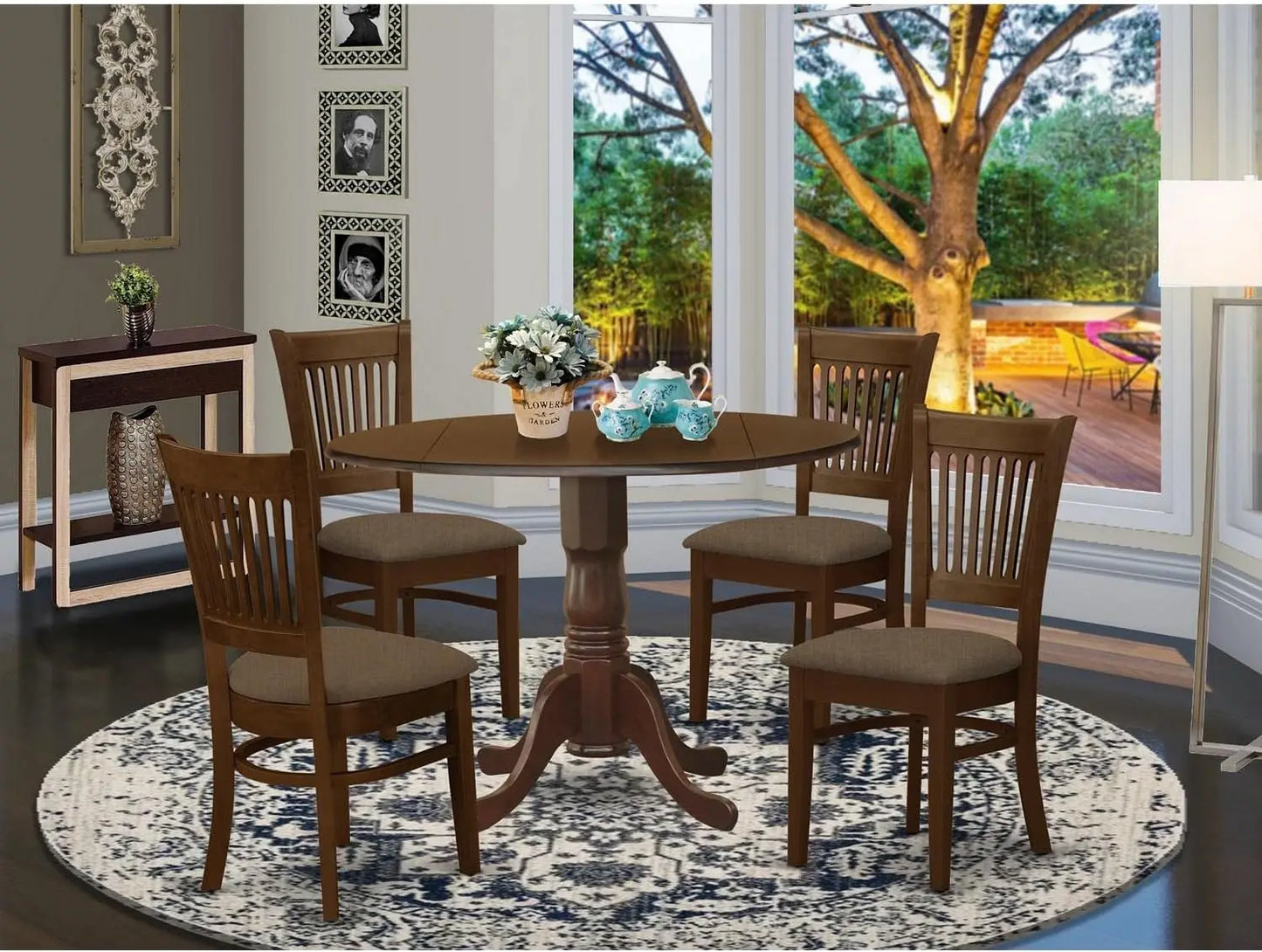 Furniture Dublin 5 Piece Set Includes a Round Dining Room Table with 4 Linen Fabric Chairs
