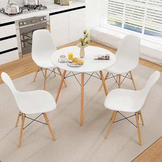 Round Dining Table Set for 4, Kitchen Table Set with Seat & Solid Wood Legs, Round Kitchen Table and Chairs for Small Space