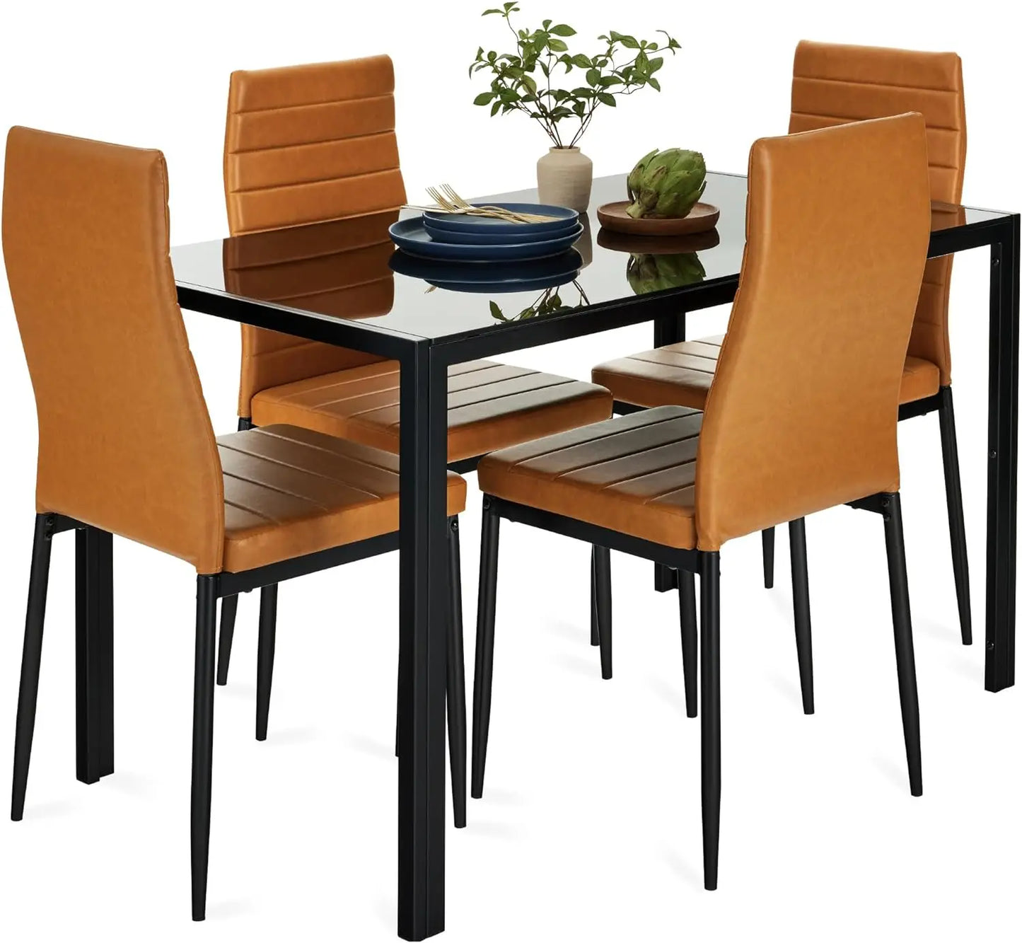 5-Piece  Dining Set, Modern Kitchen Table Furniture for Dining Room,  Compact Space-Saving w/Glass Tabletop,Upholstered Chairs