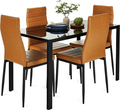 5-Piece  Dining Set, Modern Kitchen Table Furniture for Dining Room,  Compact Space-Saving w/Glass Tabletop,Upholstered Chairs
