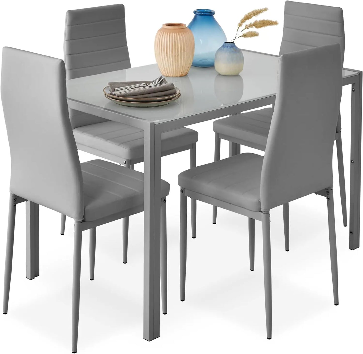 5-Piece  Dining Set, Modern Kitchen Table Furniture for Dining Room,  Compact Space-Saving w/Glass Tabletop,Upholstered Chairs