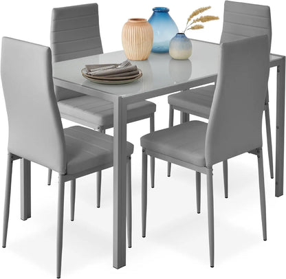 5-Piece  Dining Set, Modern Kitchen Table Furniture for Dining Room,  Compact Space-Saving w/Glass Tabletop,Upholstered Chairs