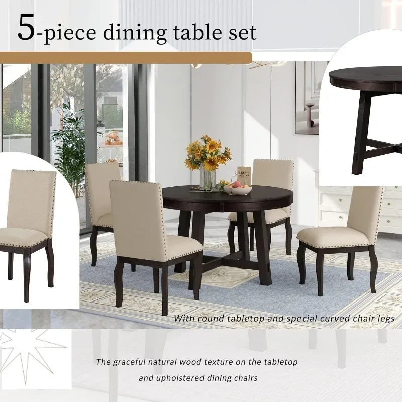 5 Piece Round Farmhouse Wood Dining Table Set with 4 Upholstered Chairs,Extendable Restaurant Furniture