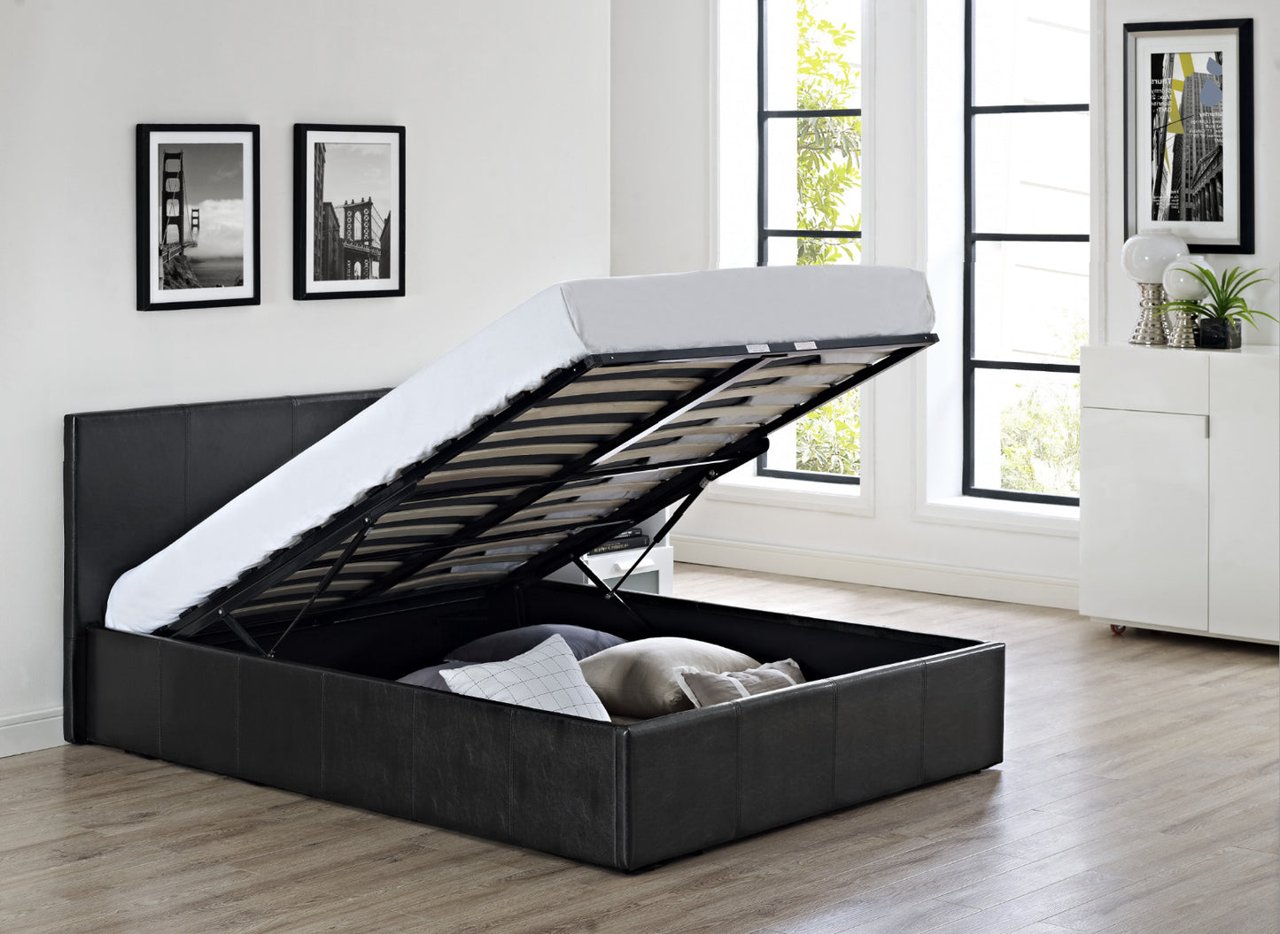 Luxury Leather Gaslift Bed Frame with Storage - Modern Design