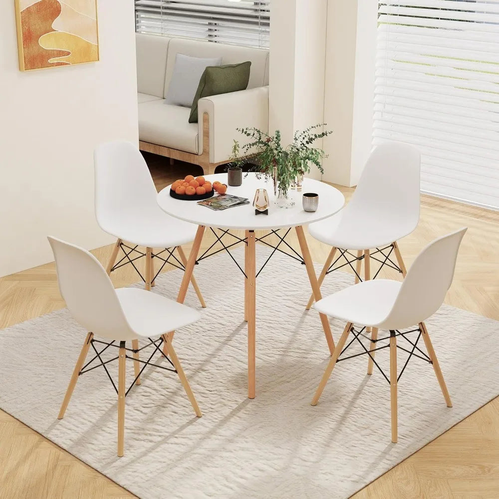 Round Dining Table Set for 4, Kitchen Table Set with Seat & Solid Wood Legs, Round Kitchen Table and Chairs for Small Space