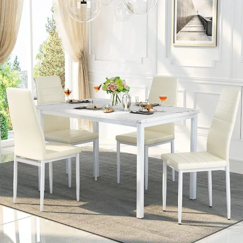 Faux Marble Kitchen and Table Chairs Set of 4 Dining Room Table Set with 4 PU Leather Dining Chairs Kitchen Table Set for Small