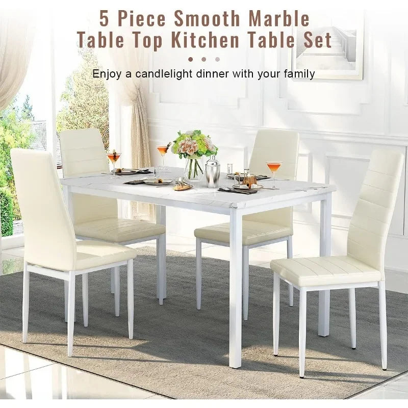 Faux Marble Kitchen and Table Chairs Set of 4 Dining Room Table Set with 4 PU Leather Dining Chairs Kitchen Table Set for Small