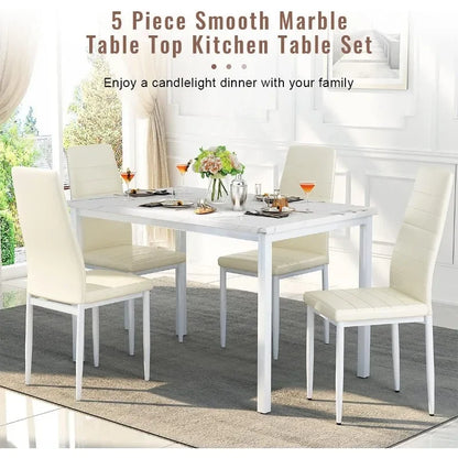 Faux Marble Kitchen and Table Chairs Set of 4 Dining Room Table Set with 4 PU Leather Dining Chairs Kitchen Table Set for Small