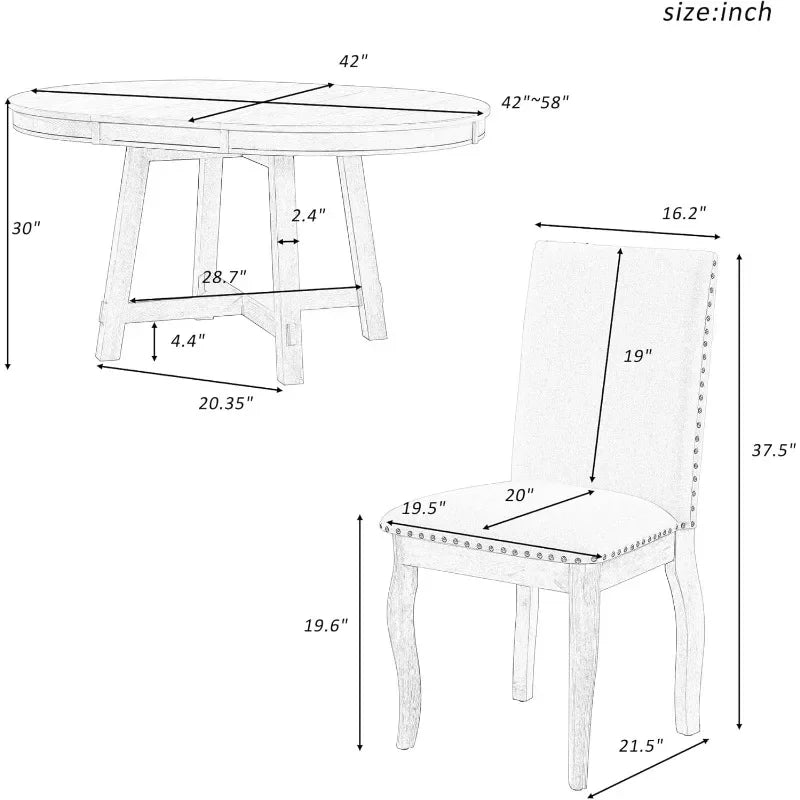 5 Piece Round Farmhouse Wood Dining Table Set with 4 Upholstered Chairs,Extendable Restaurant Furniture