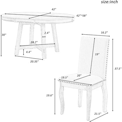 5 Piece Round Farmhouse Wood Dining Table Set with 4 Upholstered Chairs,Extendable Restaurant Furniture