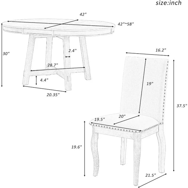 5 Piece Round Farmhouse Wood Dining Table Set with 4 Upholstered Chairs,Extendable Restaurant Furniture