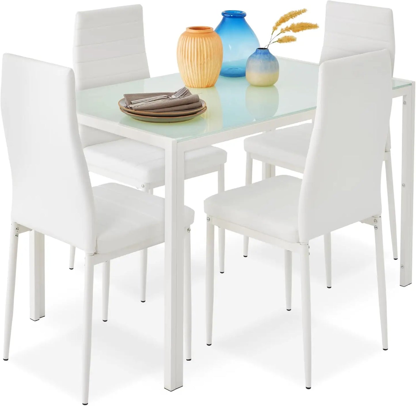 5-Piece  Dining Set, Modern Kitchen Table Furniture for Dining Room,  Compact Space-Saving w/Glass Tabletop,Upholstered Chairs